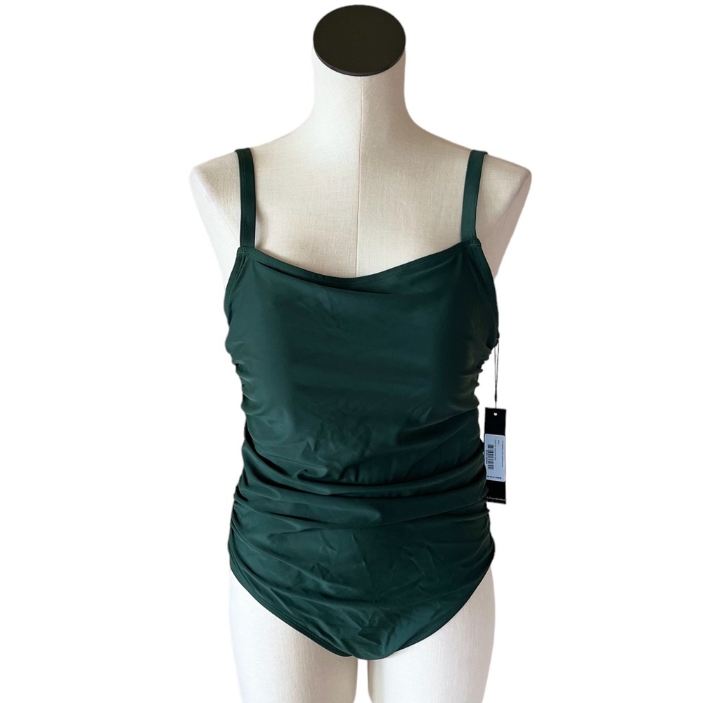 NWT CATHERINE MALANDRINO 1PC SWIMSUIT WITH SIDE RUCHING GREEN LARGE